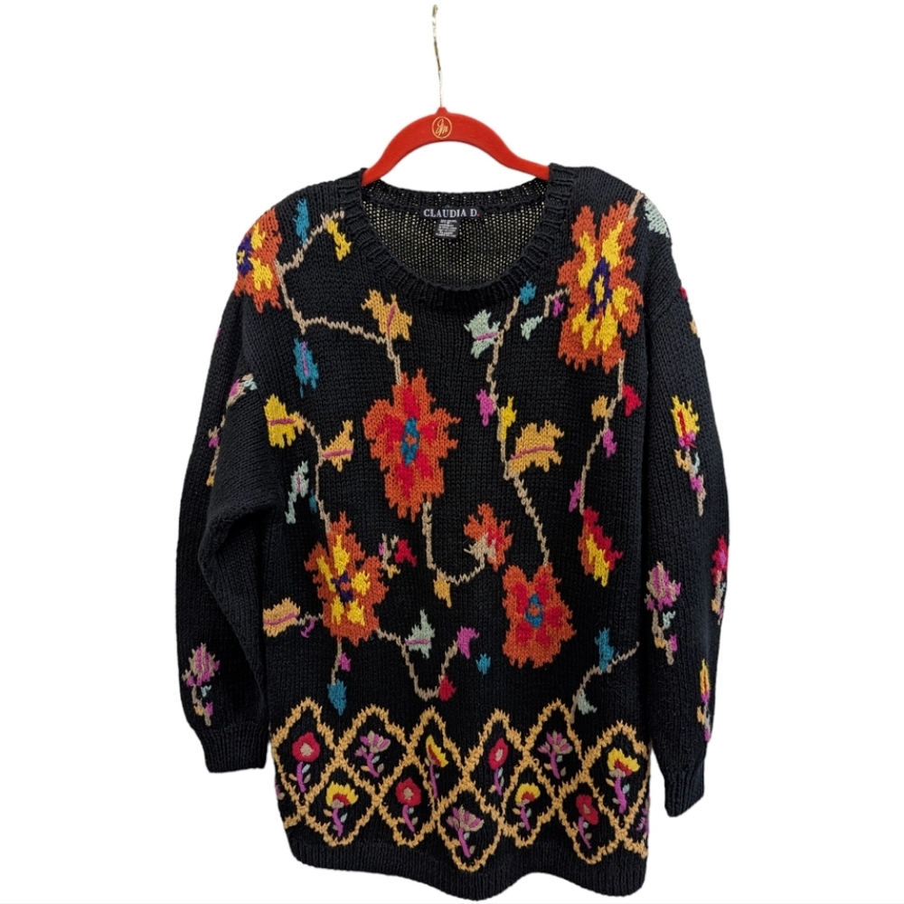 Vintage Claudia D Donna knit colorful Floral Sweater Size Small